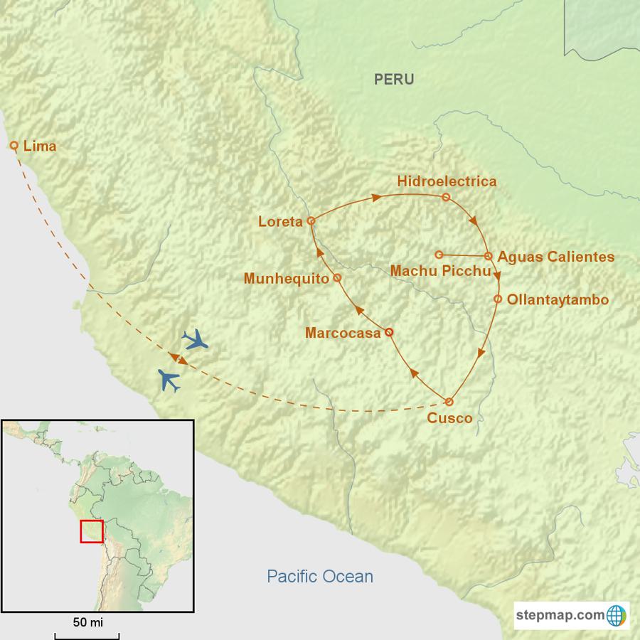 Map showing a travel route in Peru, highlighting major locations including Lima, Cusco, Ollantaytambo, Aguas Calientes, Machu Picchu along with the Inca Trail. Inset reveals Peru's location in South America. Airplane icons indicate flight paths.