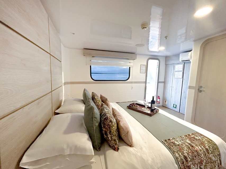 A cozy bedroom with white walls features a neatly made double bed adorned with various colorful pillows. A tray with wine and glasses sits on the bed. A large window and door are in the background, providing views reminiscent of a Seaman II Galapagos cruise. The room is bright and modern.